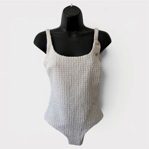 Normaillot White Textured One Piece Swimsuit Faux Apron Overlay Coastal Womens